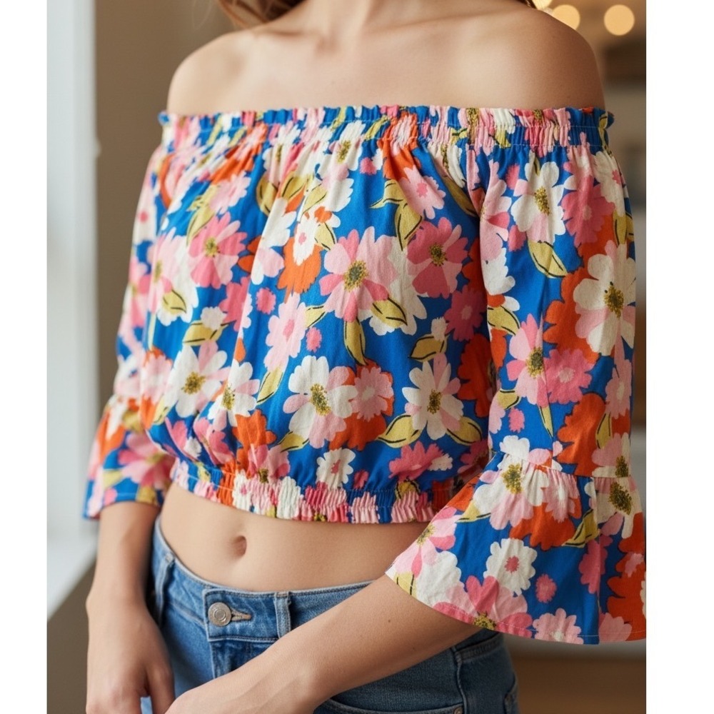 Adora Boho Romantic Floral Off the Shoulder Bell Sleeve Crop Top Festival‎ Large